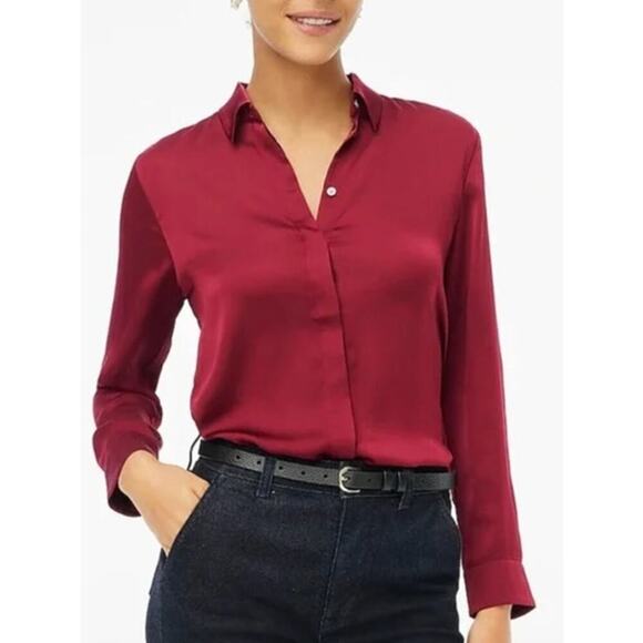 J. Crew Factory Drapey Top Satin Button Up Top Vintage Burgundy NWT M - Picture 1 of 9